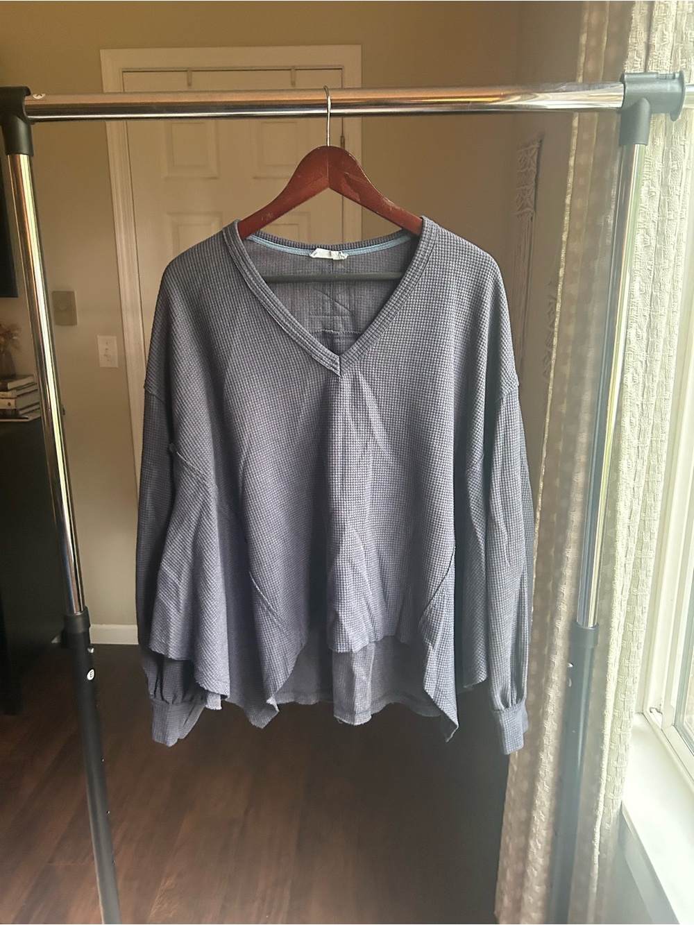 In Bloom Waffle V-Neck Sweater in Dusty Blue